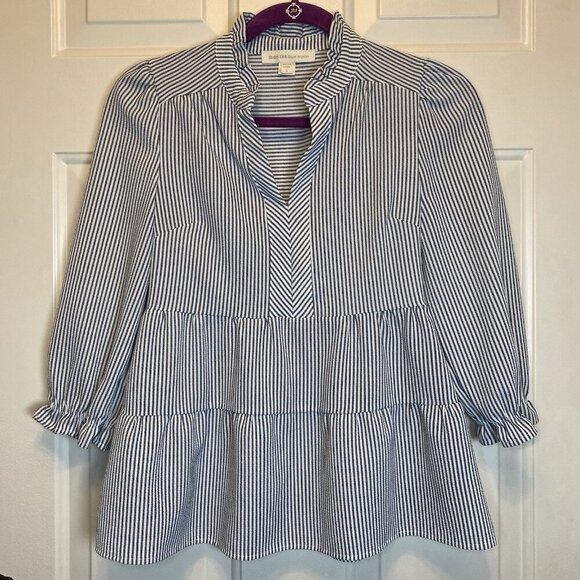 Monteau Los Angeles Tops - Monteau Baby Doll Vertical Stripe 3/4 Sleeve Top Size S Seersucker Black/White